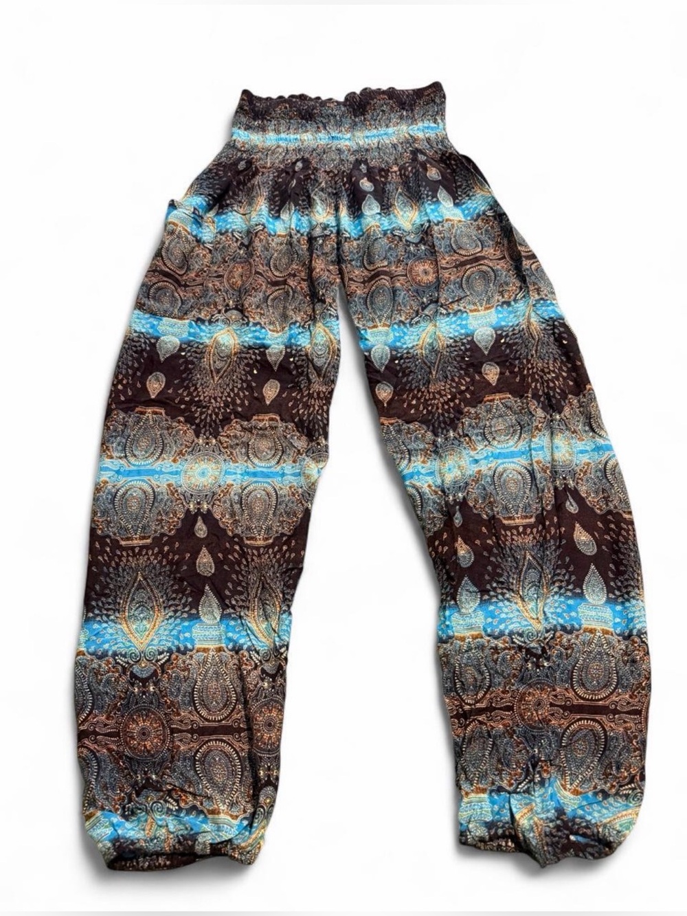 Boho Brown and blue paisley print pants with elastic waistband and Boho style